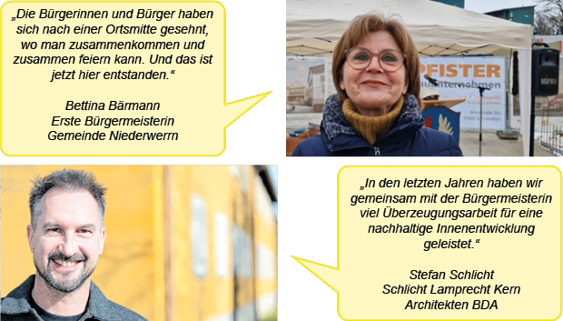 Zwei Porträtfotos mit jeweils einer Sprechblase. Das erste Foto zeigt Bettina Bärmann, Erste Bürgermeisterin der Gemeinde Niederwerrn. Text in der Sprechblase: „Die Bürgerinnen und Bürger haben sich nach einer Ortsmitte gesehnt, wo man zusammenkommen und zusammen feiern kann. Und das ist
jetzt hier entstanden.“ Das zweite Foto zeigt Stefan Schlicht von Schlicht Lamprecht Kern Architekten BDA. Text in der Sprechblase: „In den letzten Jahren haben wir gemeinsam mit der Bürgermeisterin viel Überzeugungsarbeit für eine nachhaltige Innenentwicklung geleistet."