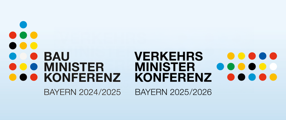 Logo für die Bauministerkonferenz 2024/2025 und Logo für die Verkehrsministerkonferenz 2025/2026 jeweils mit Schriftzug - © StMB