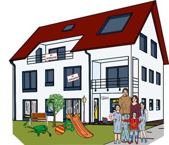 Familie vor einem Wohnhaus 